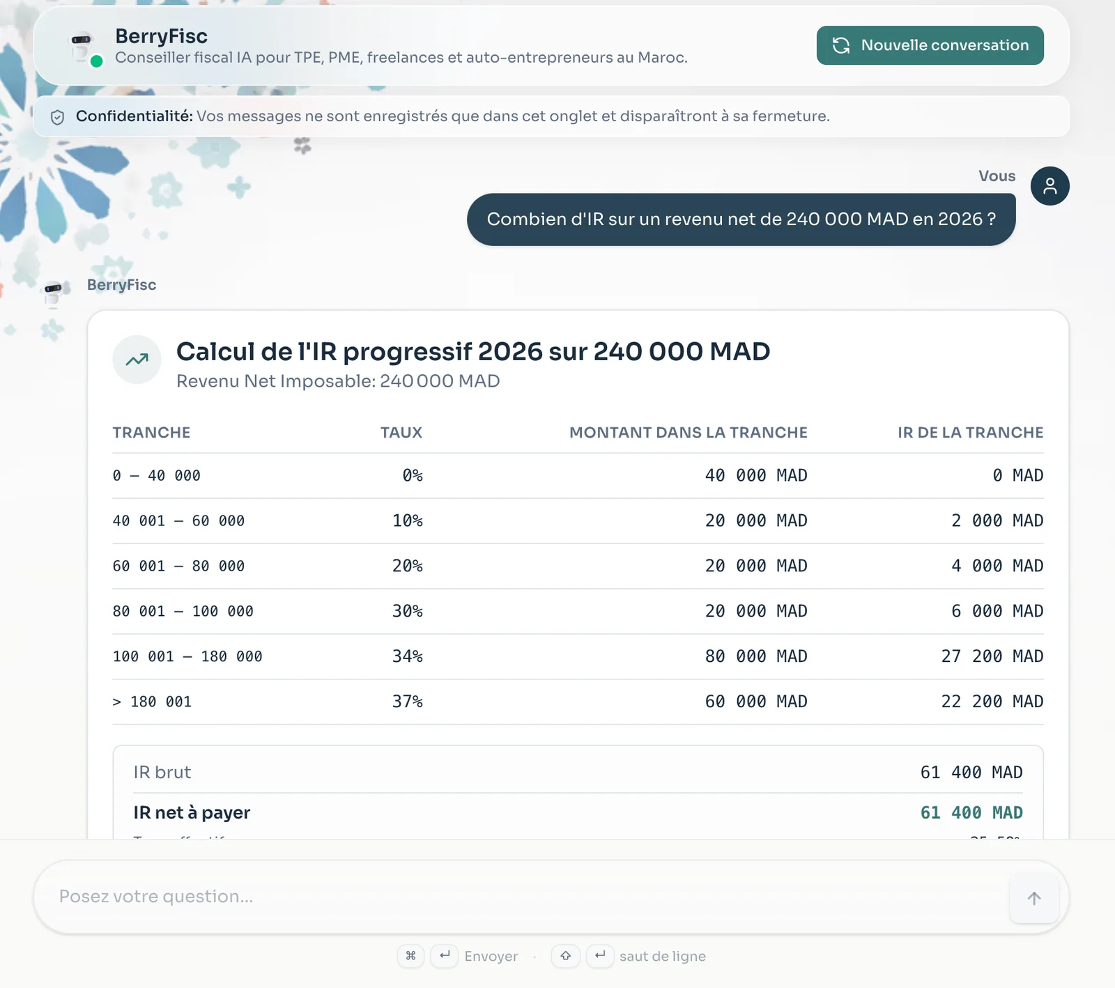 Capture d'écran de BerryFisc, l'agent fiscal IA, calculant l'impôt sur le revenu 2026