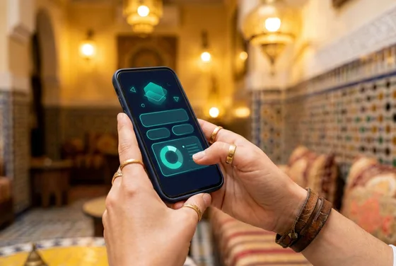 Application mobile aux accents turquoise, utilisée dans un riad marocain