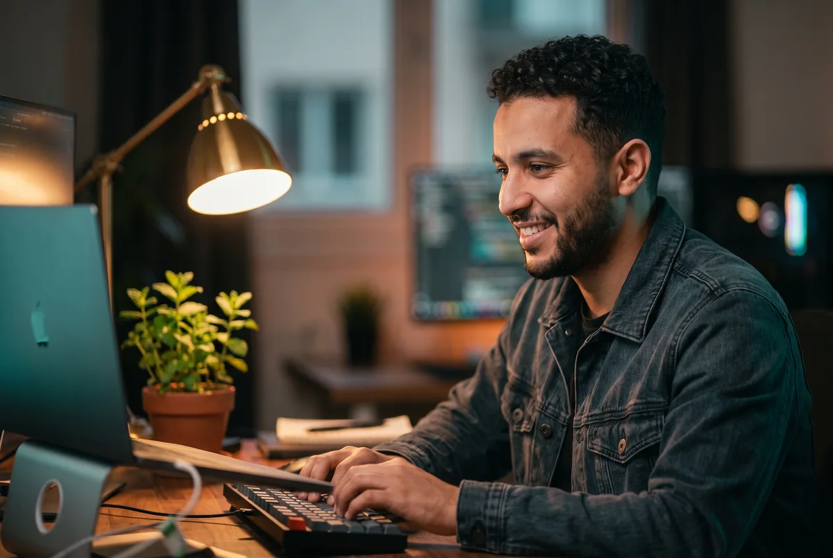 Développeur souriant devant son éditeur de code