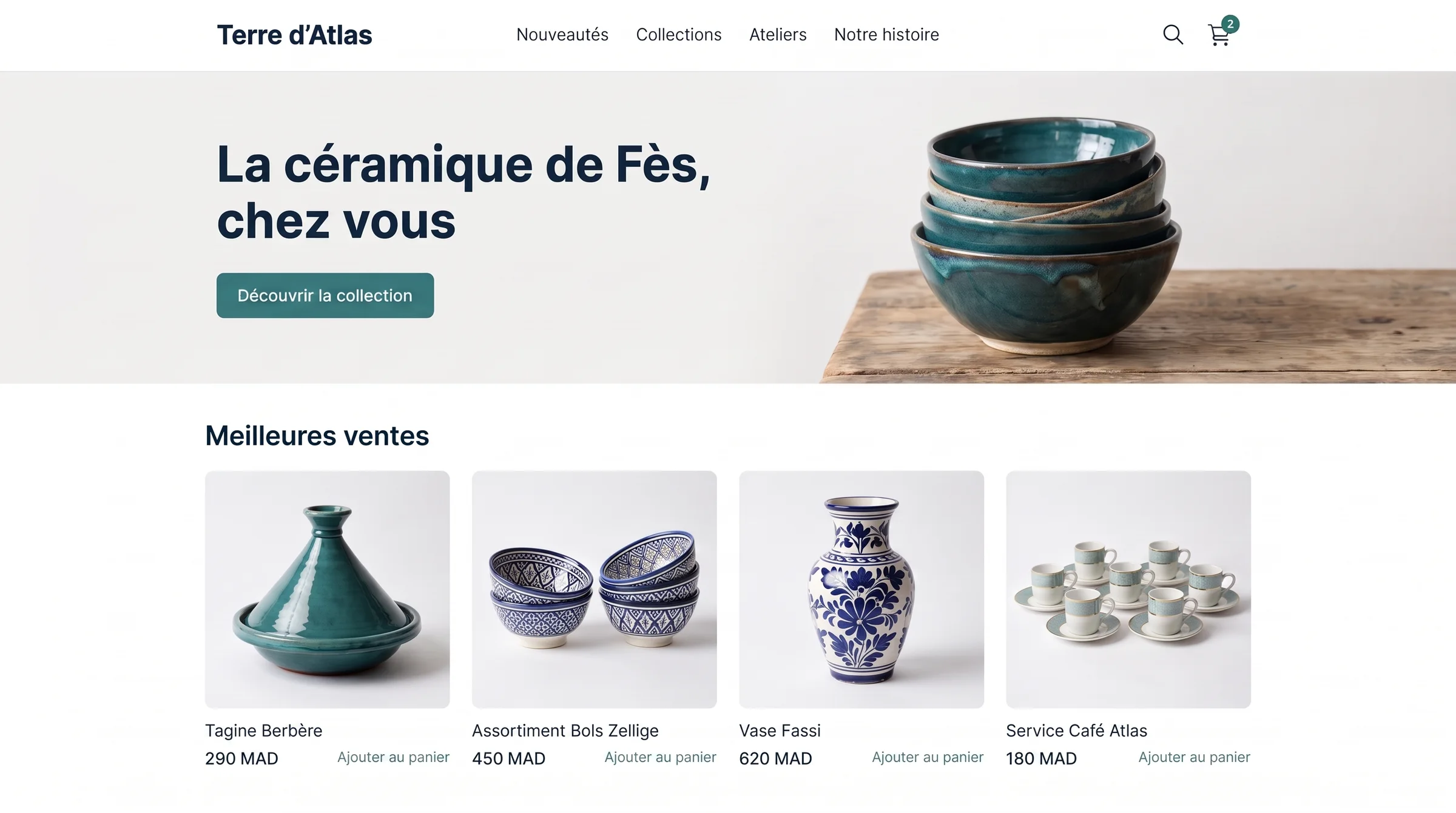 Boutique en ligne de céramique marocaine avec produits en dirhams