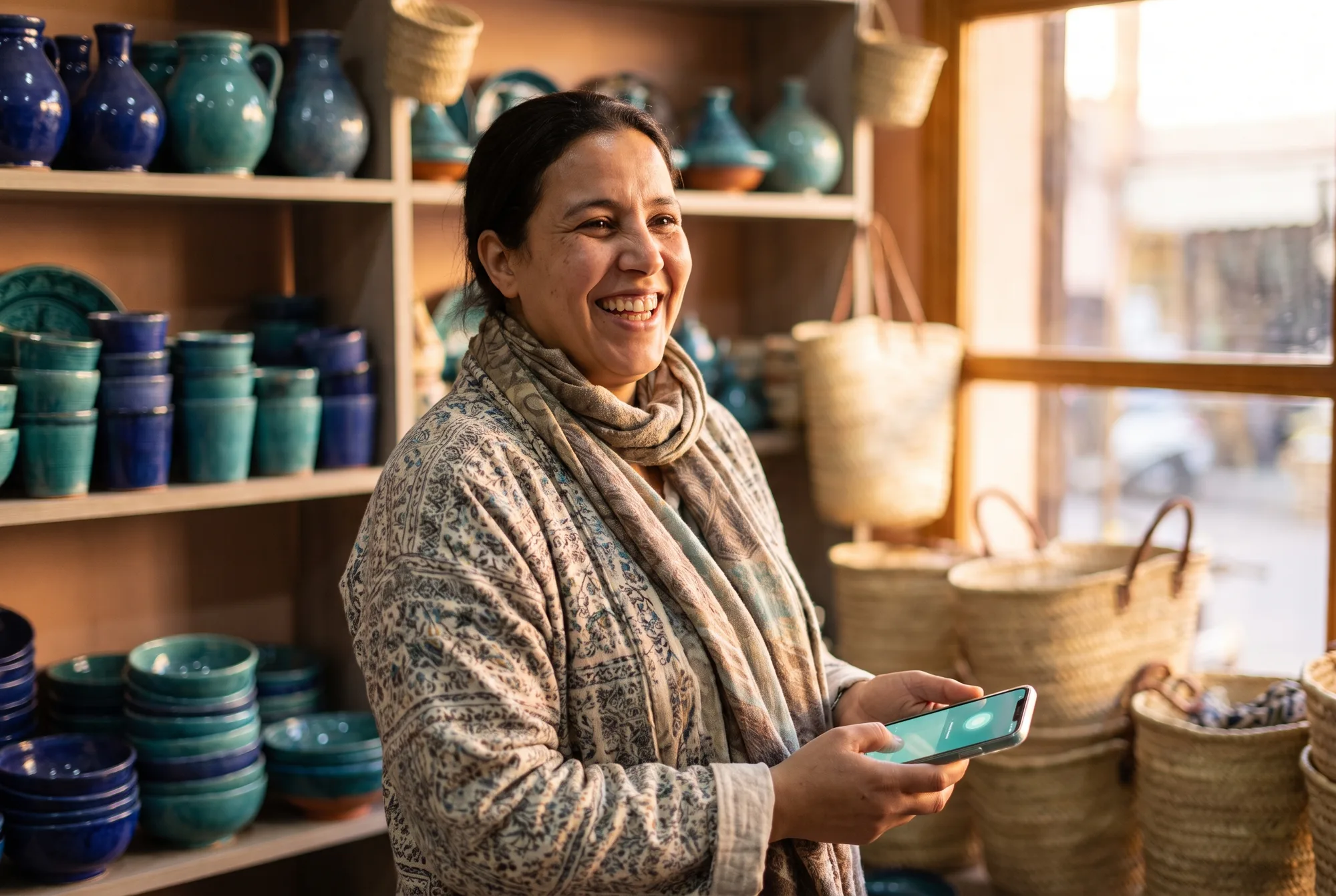 Commerçante marocaine souriante consultant son application de gestion dans sa boutique de céramique