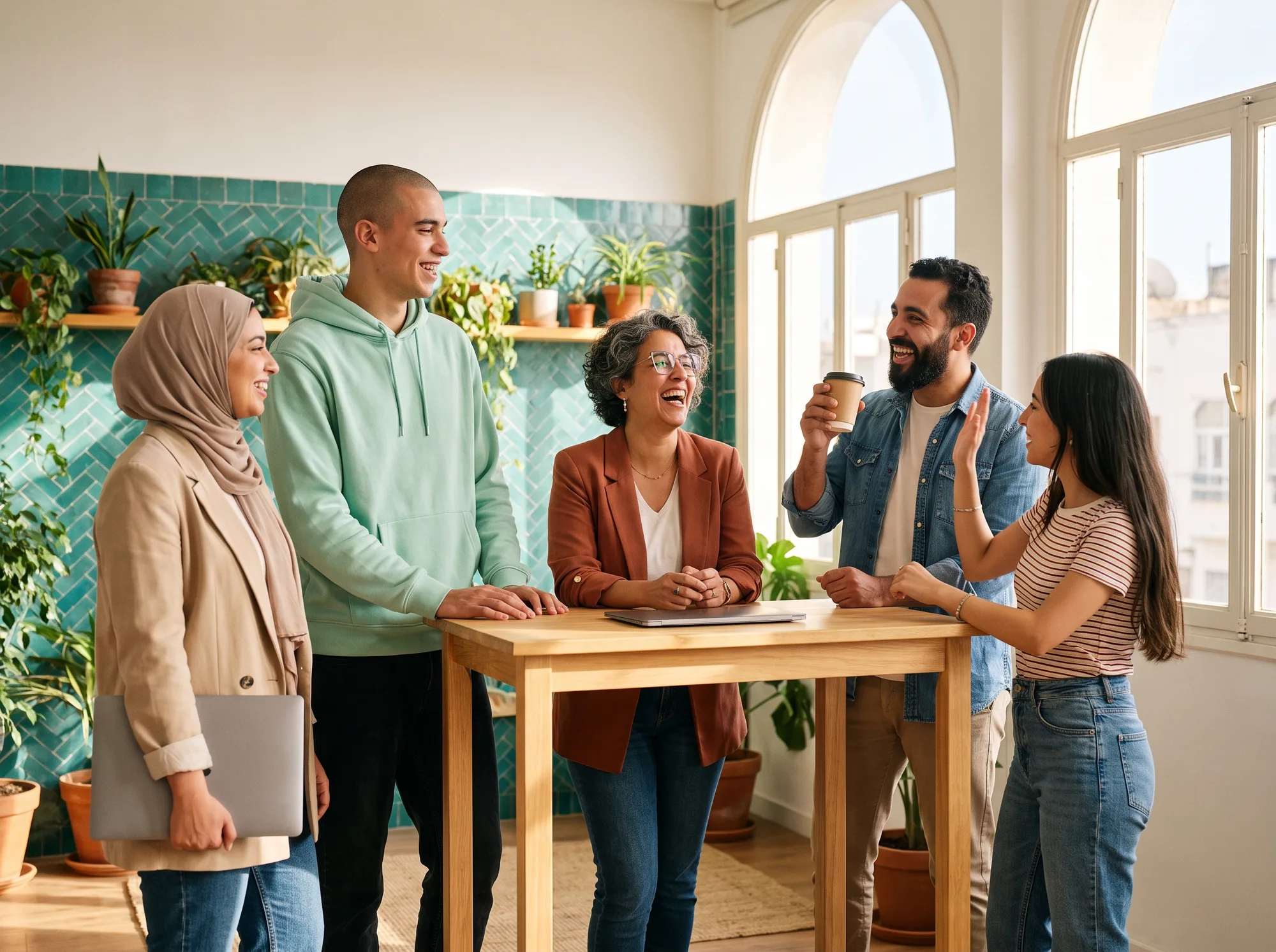 Une équipe produit qui célèbre un lancement dans un studio à Casablanca